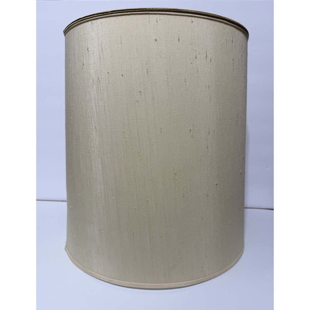 Vintage Stiffel Natural Linen Drum Lamp Shade Gold Trim 15 x 14 Mid Century MCM
